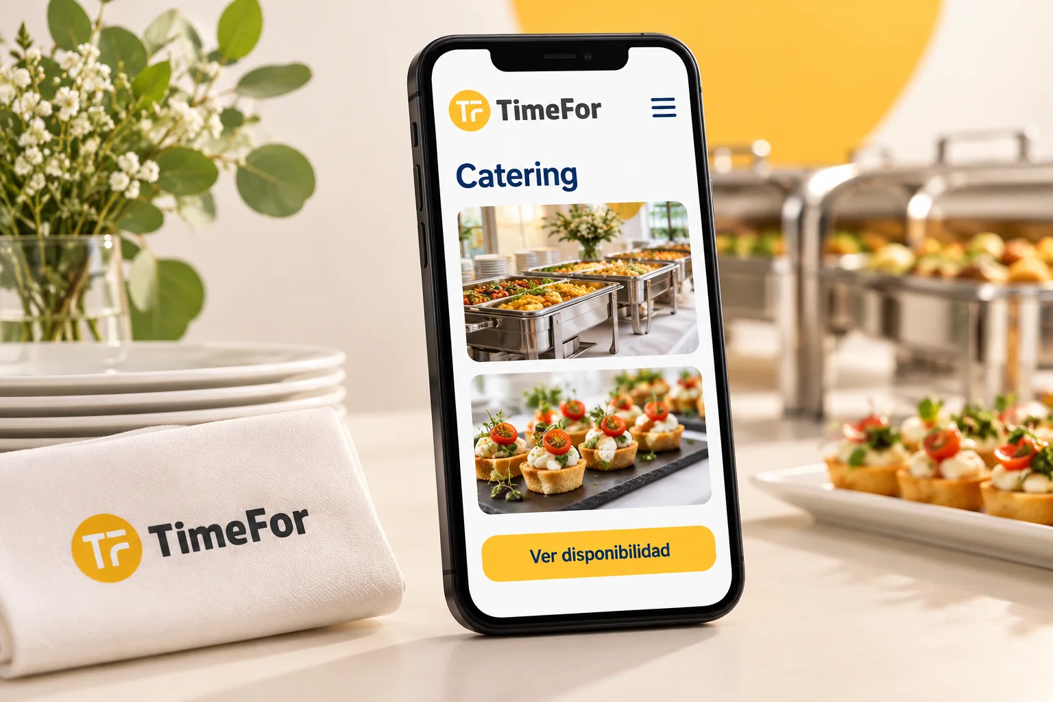 Maqueta ilustrativa de TimeFor en un móvil con servicios de catering