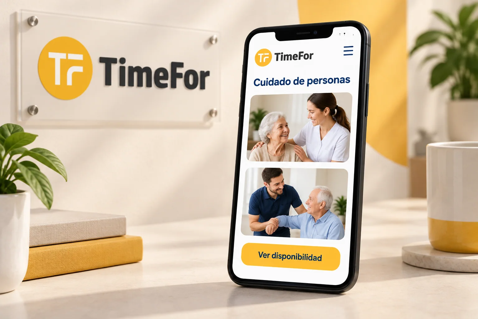 Maqueta ilustrativa de TimeFor en un móvil con servicios de cuidado de personas