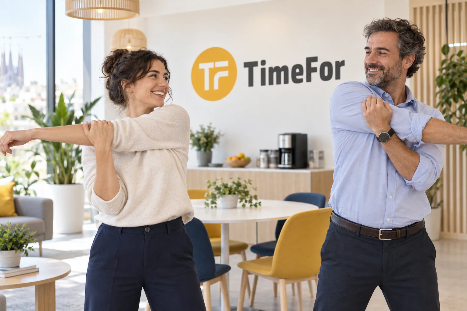 Pausa activa con estiramientos suaves en el entorno de trabajo