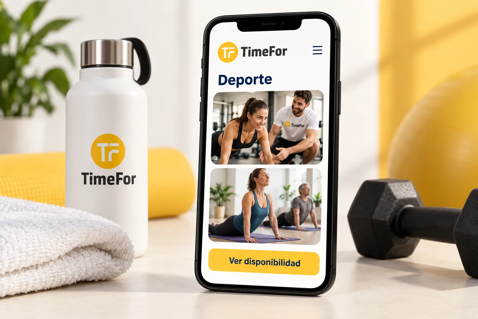 Maqueta ilustrativa de TimeFor en un móvil con servicios de deporte