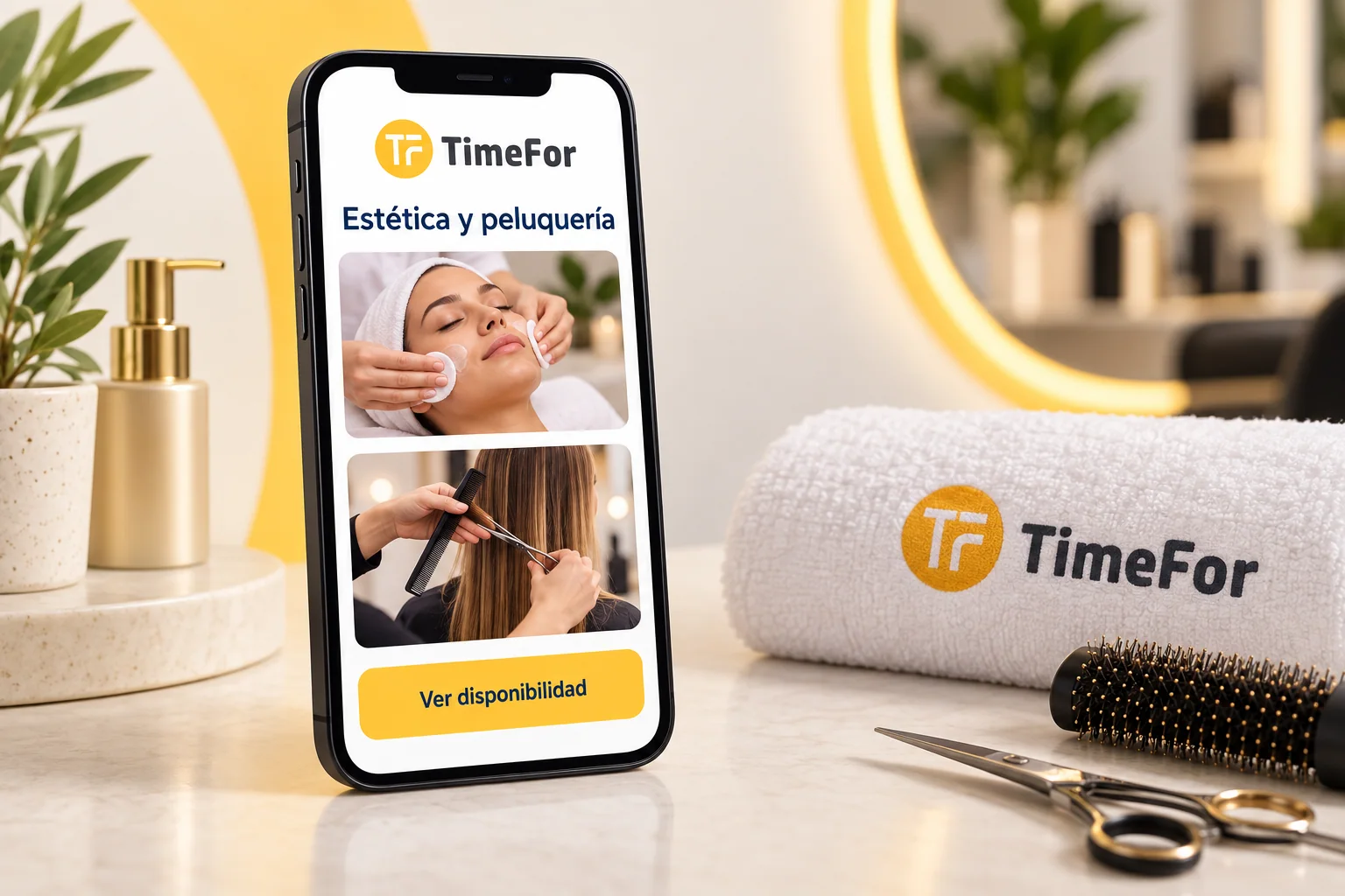 Maqueta ilustrativa de TimeFor en un móvil con servicios de estética y peluquería