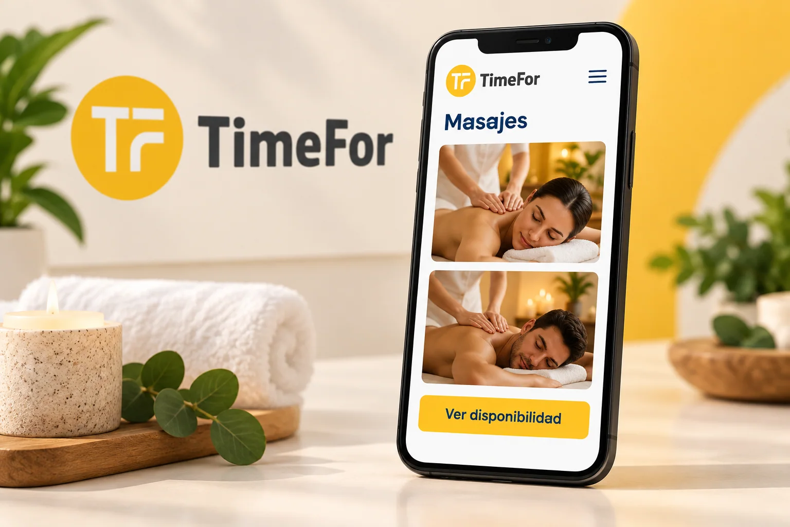 Maqueta ilustrativa de TimeFor en un móvil con servicios de masajes