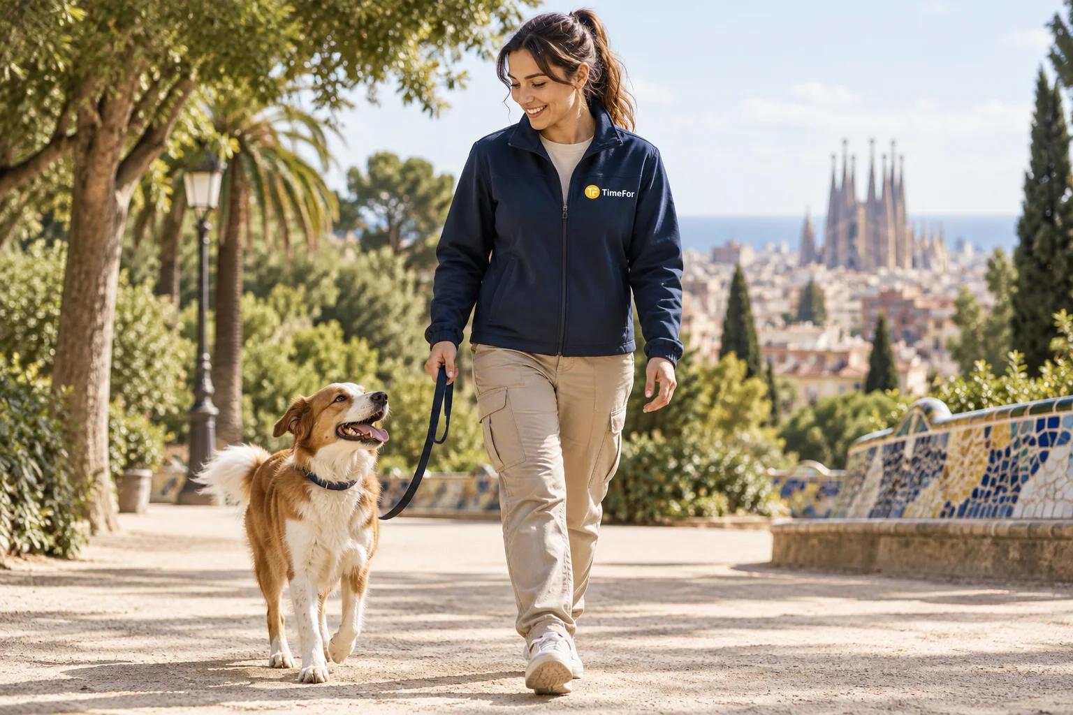 Cuidador paseando a un perro por un parque