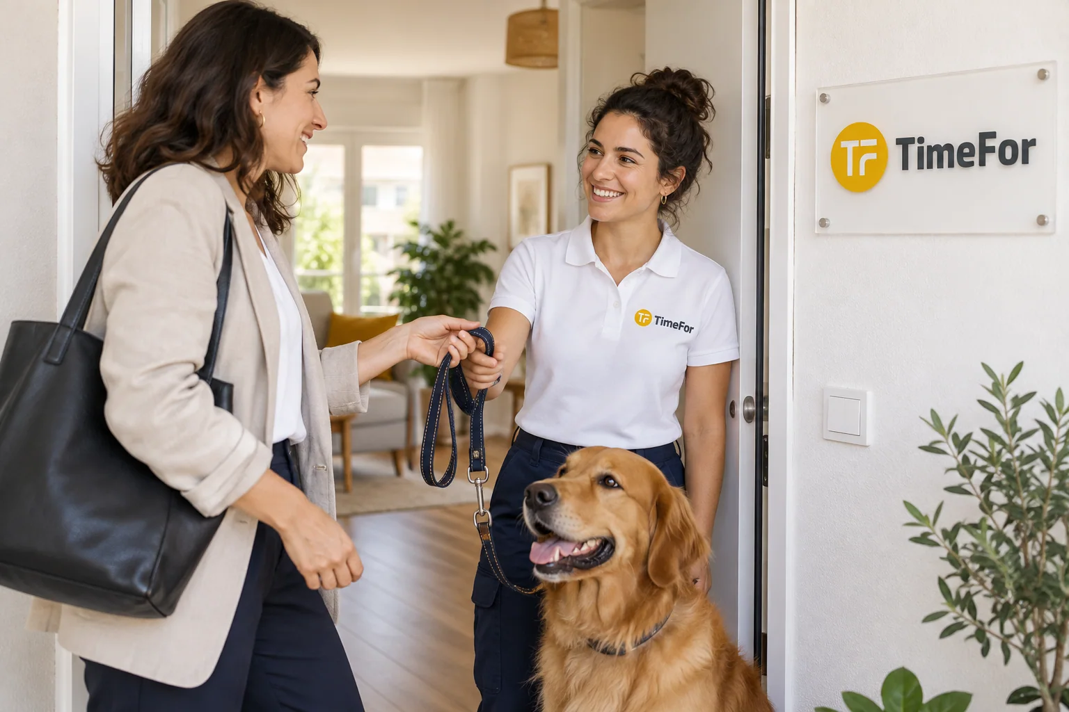 Entrega de un perro a su cuidador antes de salir a trabajar