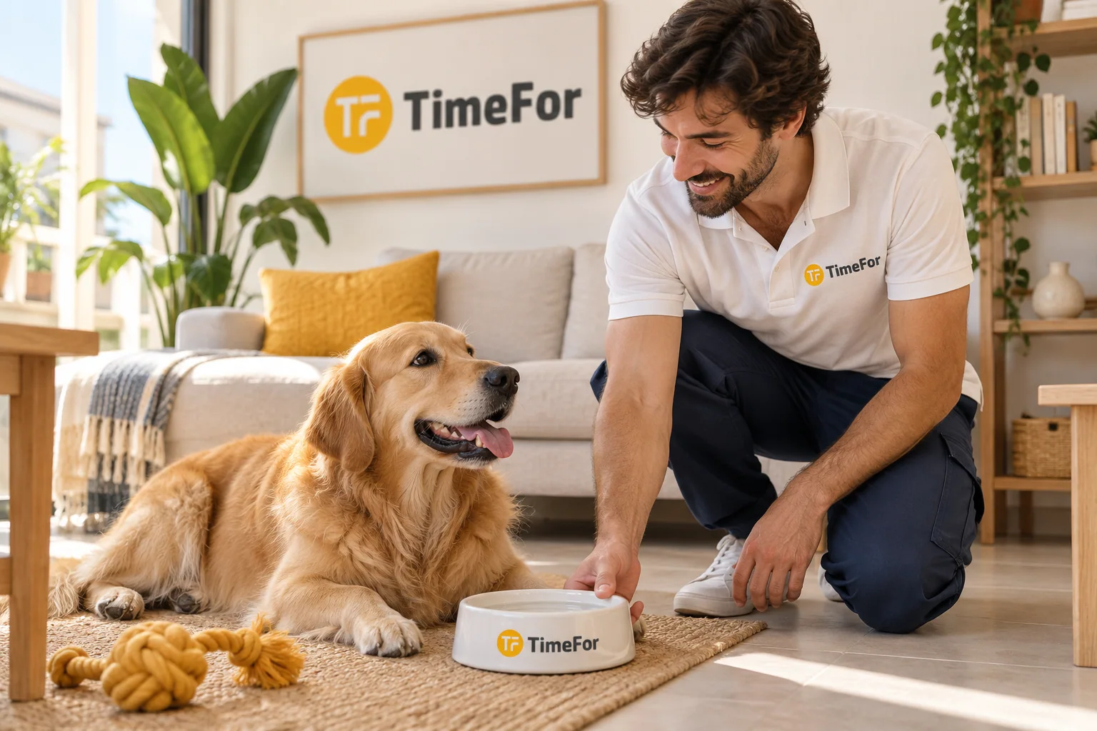 Cuidador atendiendo las necesidades de un perro en casa