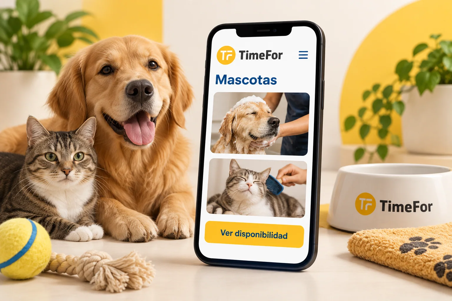 Maqueta ilustrativa de TimeFor en un móvil con servicios de mascotas