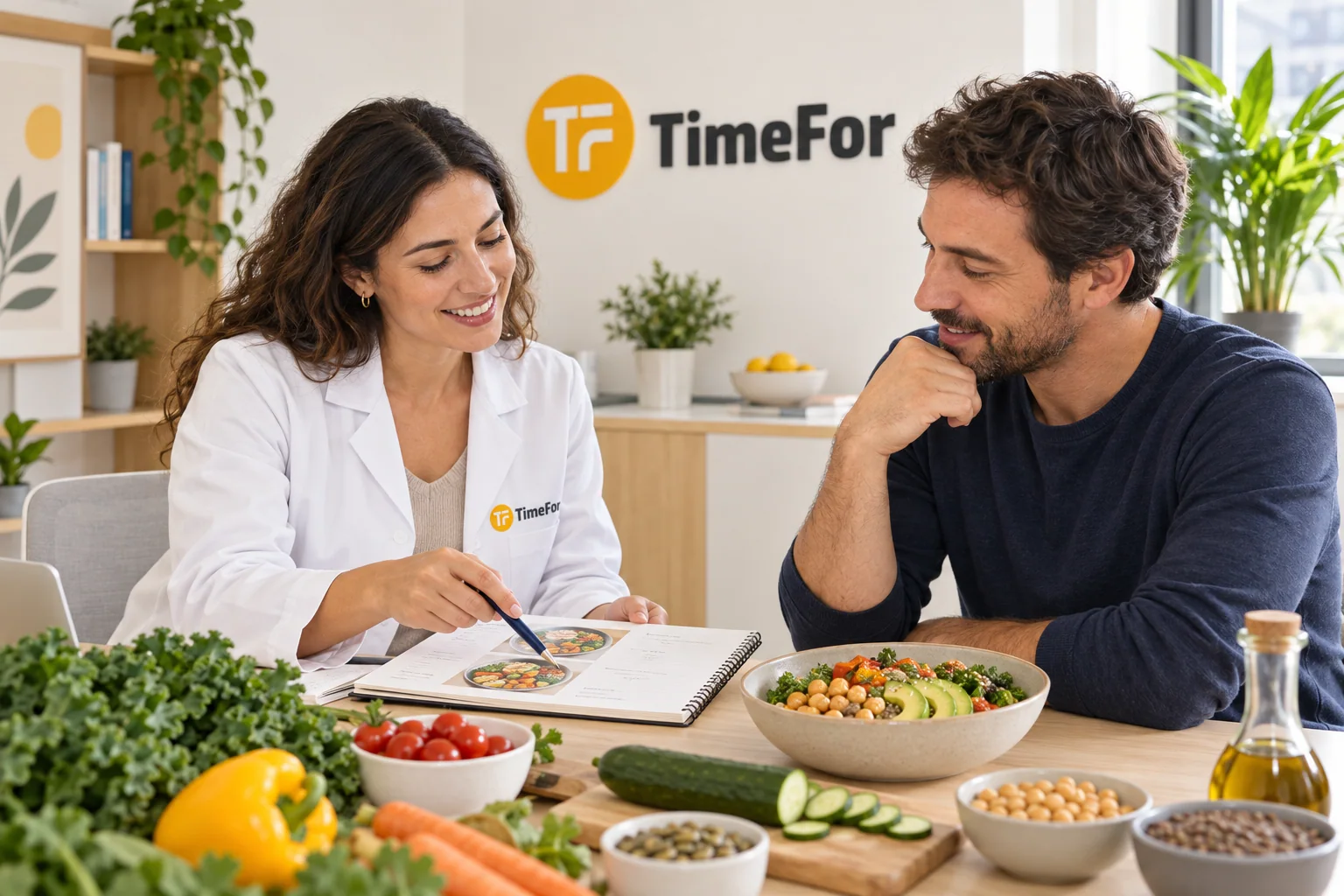 Consulta nutricional con alimentos variados sobre la mesa