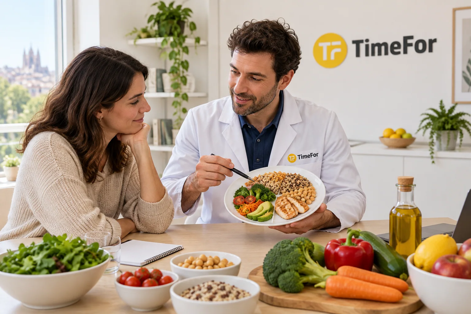Nutricionista explicando opciones para una alimentación equilibrada