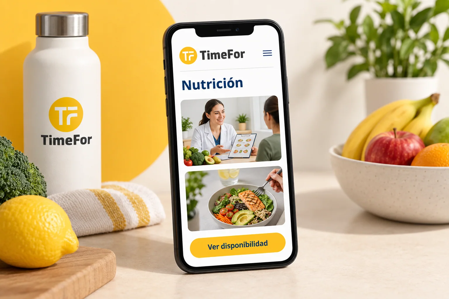 Maqueta ilustrativa de TimeFor en un móvil con servicios de nutrición