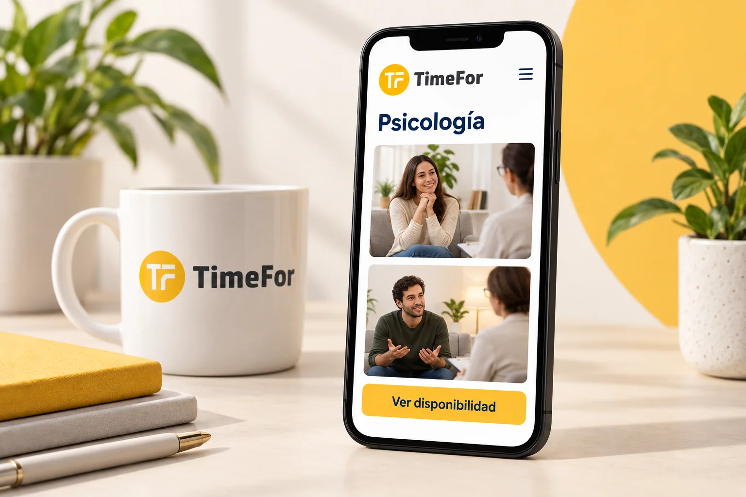 Maqueta ilustrativa de TimeFor en un móvil con servicios de psicología