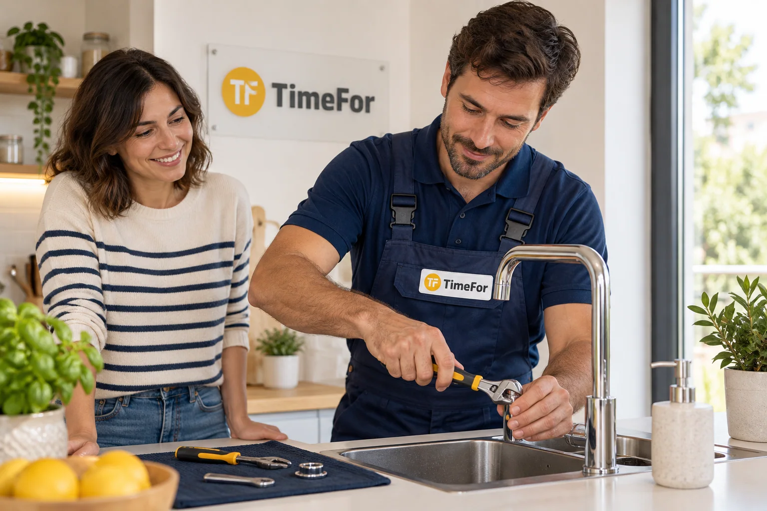 Profesional realizando una reparación en el grifo de una cocina