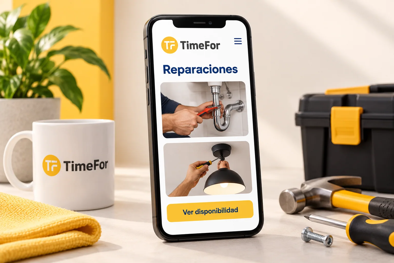 Maqueta ilustrativa de TimeFor en un móvil con servicios de reparaciones